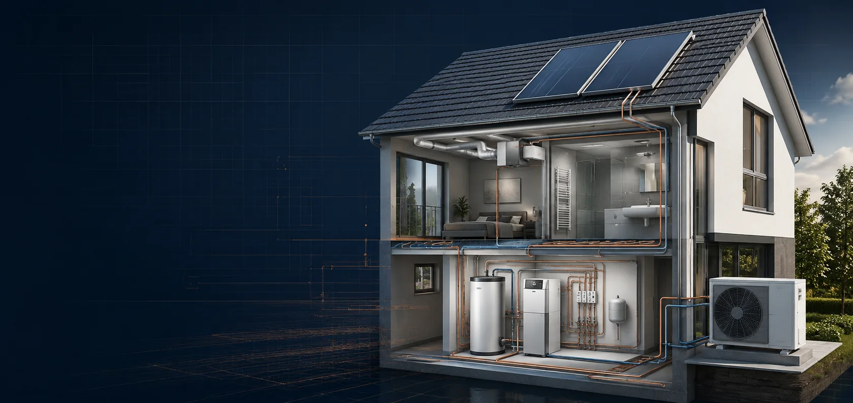 Illustration moderner Gebäudetechnik mit Wärmepumpe, Heizung, Lüftung, Bad und Solarthermie