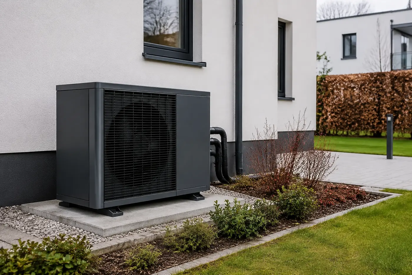 Modern aufgestellte Luft-Wasser-Wärmepumpe neben einem Wohnhaus